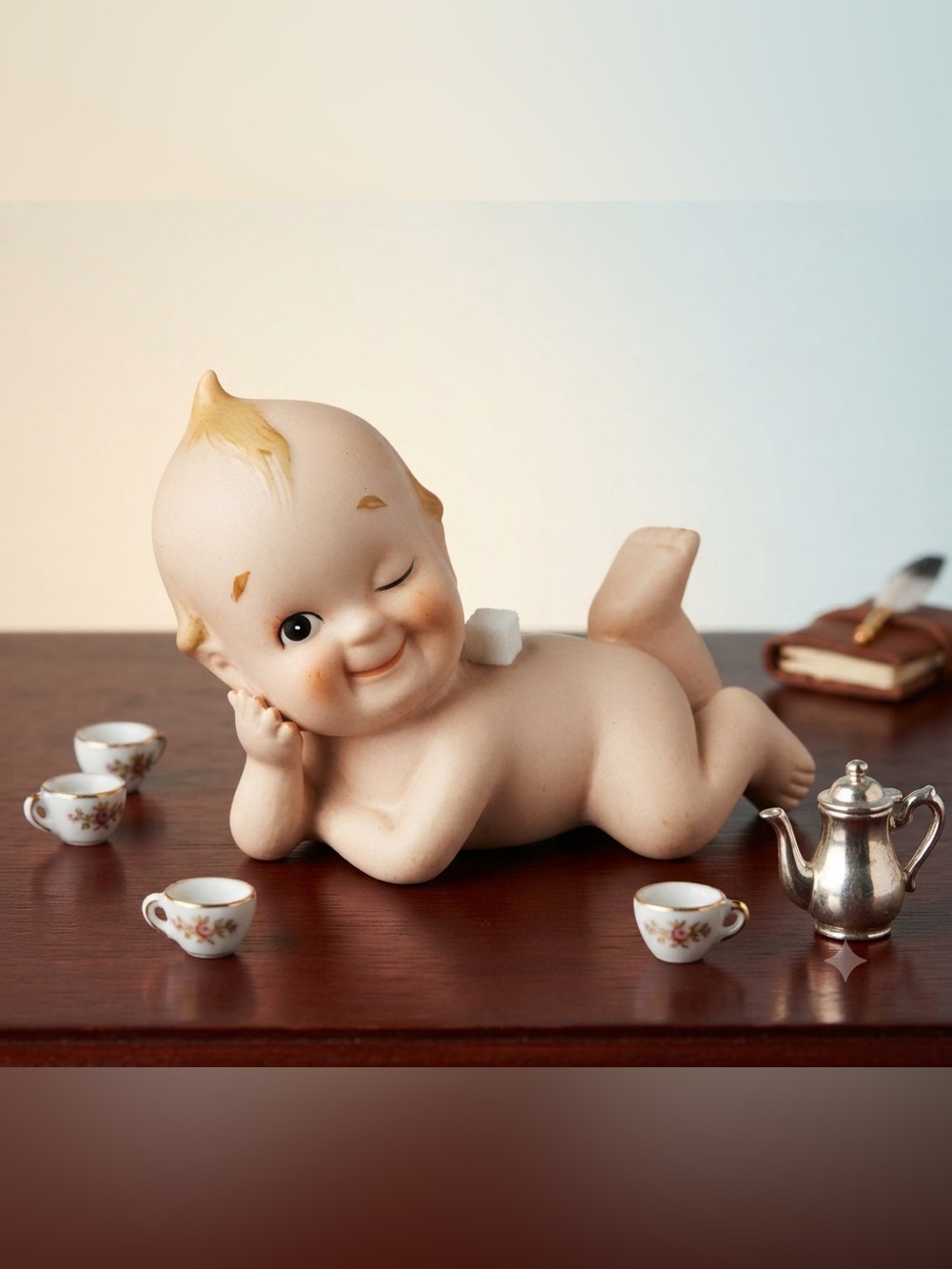 Vtg Lefton Bisque Kewpie Doll Figurine Blue Wings Lying Down